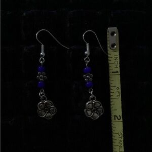 Silver and Blue Floral Dangle Earrings